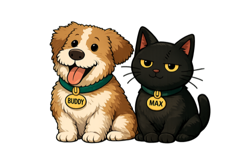 Buddy the dog and Max the cat, sitting side by side